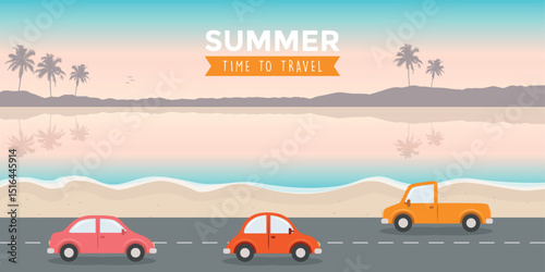 cars driving on the road at the beach vector illustration