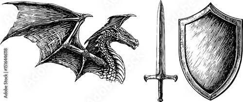 Engraved illustration set featuring dragon wing, sword, and shield for fantasy design
