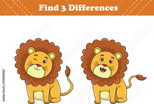 Education game for children find three differences between two lion cartoon. Vector illustration