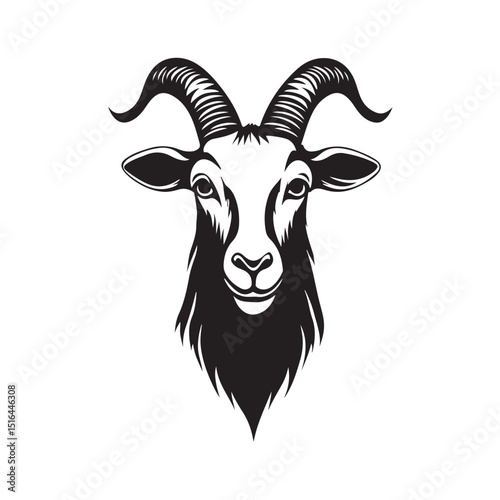 Vector illustration of a goat head with artistic details and strong style, depicting characteristic features of a goat either realistically or stylized.
