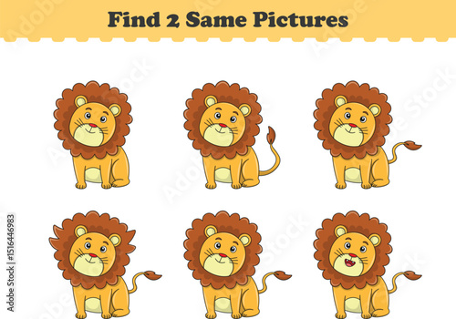 Funny cartoon lion. Find two same pictures. Educational game for children. Cartoon vector illustration