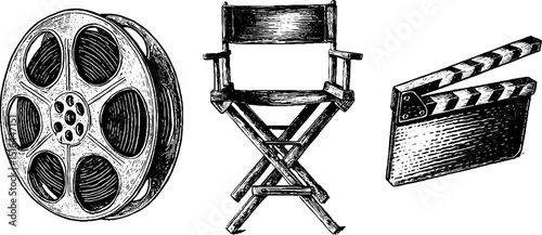 Vintage cinema elements: movie reel, director’s chair, and clapperboard illustration for film design