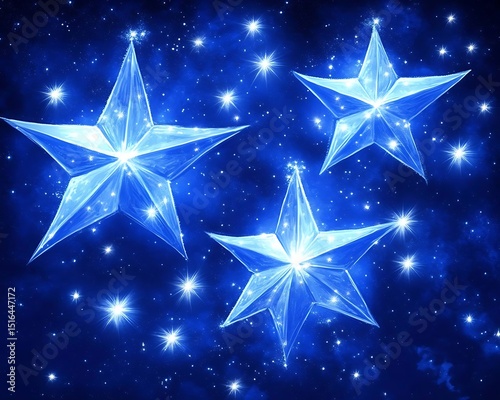 Three glowing crystalline stars floating against a dark blue sky background