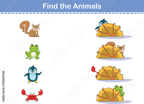 Find Hiding Animals. Child Exercise Sheet with wild animals. Printable worksheet. Cartoon vector illustration
