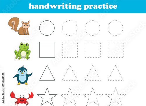 Handwriting Practice. Tracing lines of different shape for kids with animals. Vector Illustration