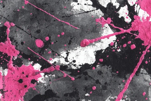 Abstract watercolor illustration featuring vibrant pink splashes on a textured black and white background, creating a dynamic and energetic visual experience for artistic projects