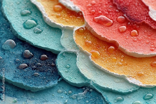 Colorful layers of textured paper with droplets of water, showcasing vibrant hues of blue, green, orange, red, and yellow, creating a visually appealing abstract composition