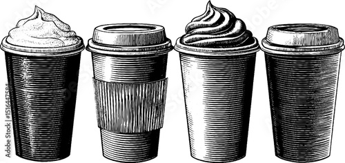 Engraved illustration set of frappuccino cups with lids and whipped cream toppings