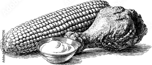 Vintage engraving of fried chicken drumstick with corn and sauce for culinary design