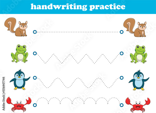 Handwriting Practice. Tracing lines for kids with animals. Vector Illustration