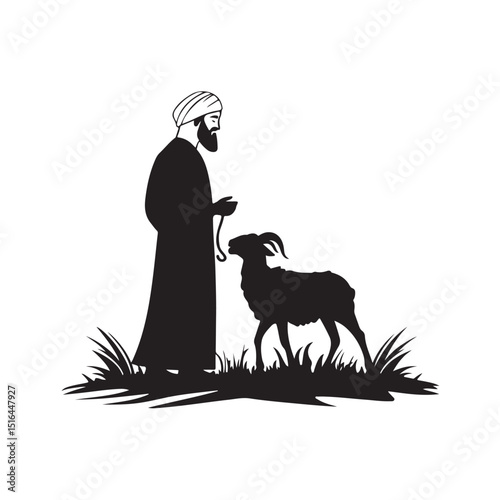Vector illustration of a goat and shepherd silhouette, designed for Eid al-Adha (Qurban) themes