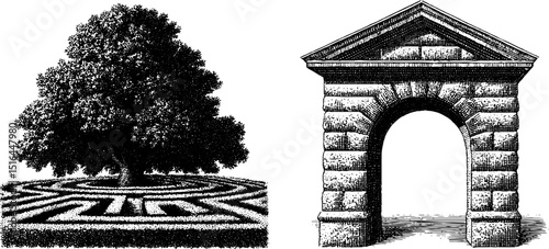 Engraved illustration set featuring garden maze with tree and stone archway for design