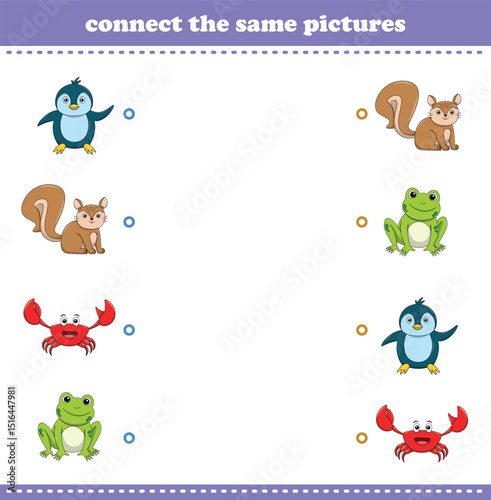 Education game for children connect the same picture of cute cartoon wild animal printable. Vector Illustration
