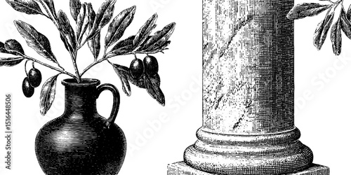Engraved illustration of greek amphora with olive branch and classical column design