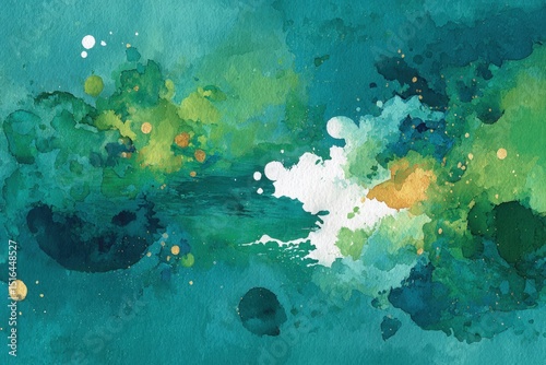 Abstract watercolor illustration featuring vibrant shades of green, blue, and yellow with dynamic splashes and textures, creating a visually captivating artistic composition