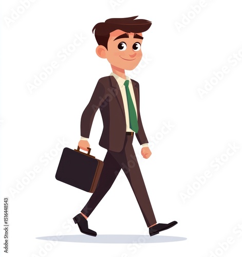 Cartoon man in a suit, walking with briefcase, smiling