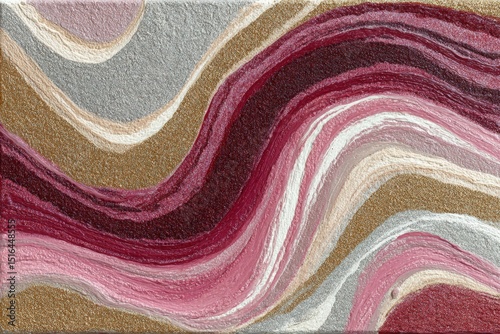 Abstract textured artwork featuring flowing waves of pink, red, gray, and gold colors, creating a visually striking composition with rich layers and depth for artistic expression