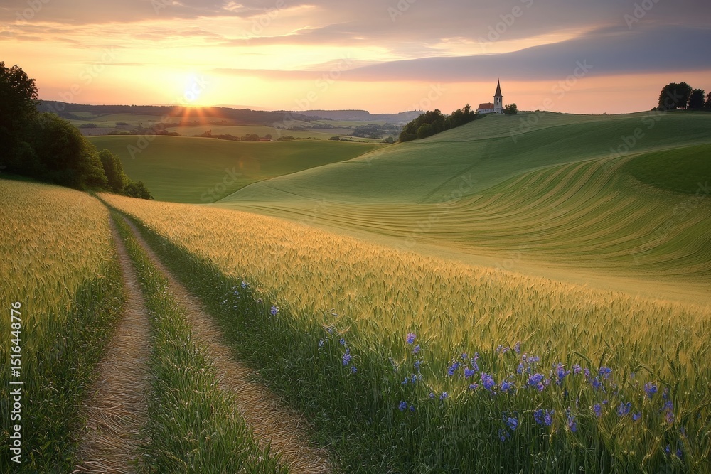 Obraz premium Scenic Sunrise Over Rolling Fields and Church