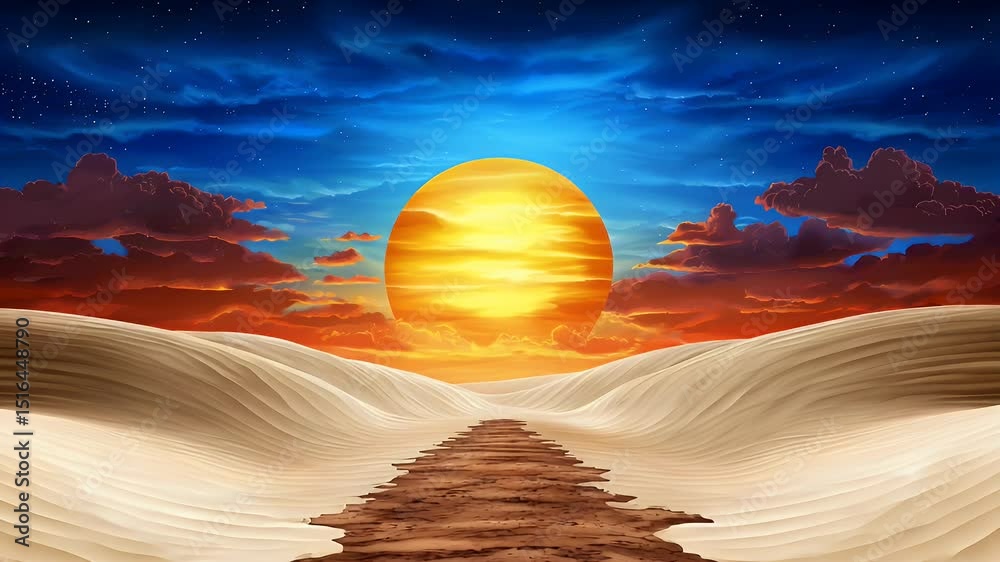 Pixel Art Desert Sunset Yellow Sun Over Beige Sand Dunes and Brown Path