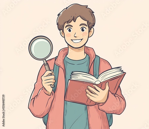 Young person with a magnifying glass and book, smiling, wearing a jacket, light background