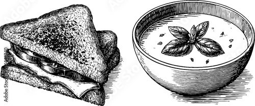 Engraved illustration of grilled cheese sandwich and soup set for culinary design