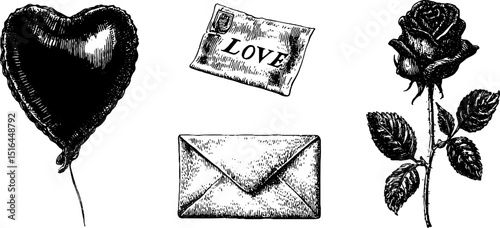 Romantic vintage engraved set featuring heart balloon, love envelope, and rose design