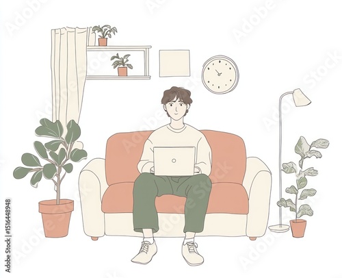 Young person sits on a sofa, working on a laptop in a cozy, plant-filled living room