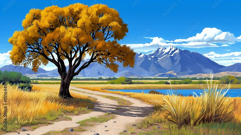 Golden Tree by Serene Lake and Snow Capped Mountains