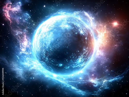 A glowing blue celestial orb surrounded by nebulas and distant stars