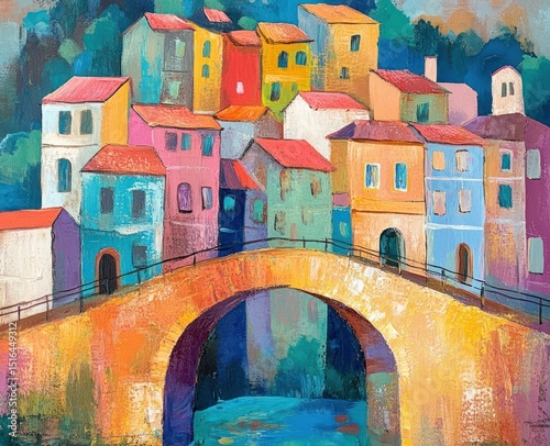 Painting depicts a colorful village nestled above a bridge, brushstrokes create texture