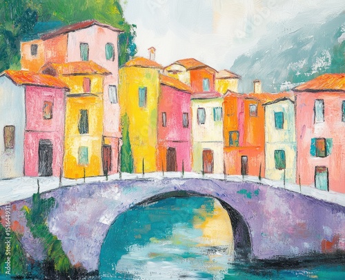 A colorful painted cityscape with buildings lining a bridge over a waterway