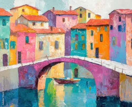 Colorful painting of a quaint European town, with houses along a canal and arched bridge
