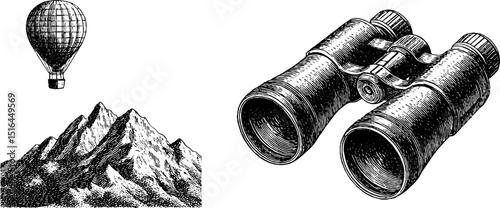 Engraved illustration of hot air balloon, mountains, and binoculars for exploration and adventure themes