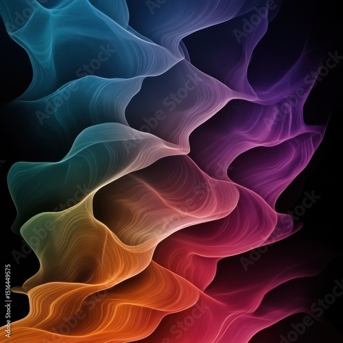 Abstract, flowing, multi-colored shapes cascade against a black backdrop, evoking energy