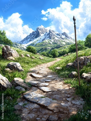 Adventure Trail, Mountain Landscape, Serene Pathway, Digital Illustration, Lush Environment, Scenic View, Nature Concept