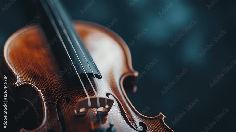 Fototapeta premium A stunning close-up of a handcrafted wooden violin, showcasing its intricate details and rich texture that evokes the art and craft of musical instrument making.