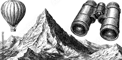 Vintage engraving of hot air balloon binoculars and mountain scene for exploration themes