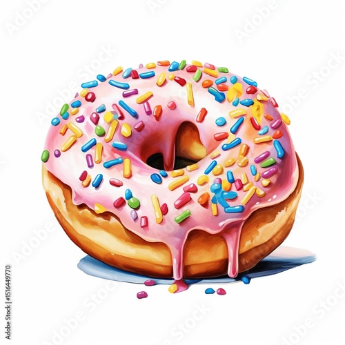 A donut with sprinkles on it.  , isolated on white background.
