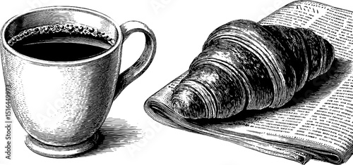 Engraved illustration of hot coffee mug and croissant on newspaper