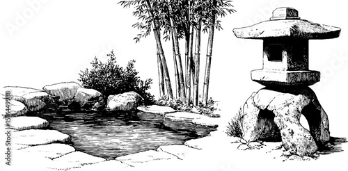Serene hot spring pool with bamboo and stone lantern sketch for nature designs