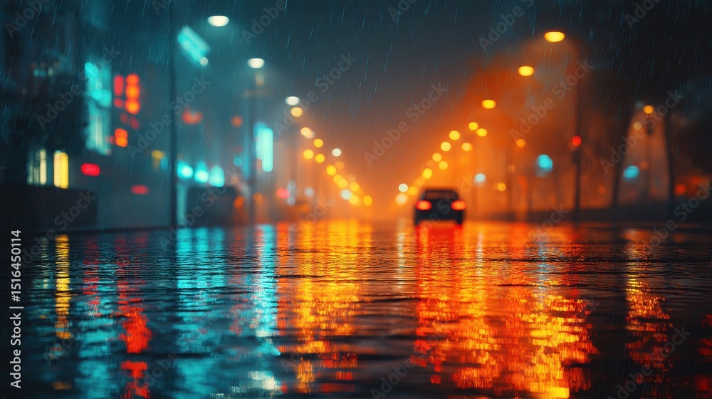 Fototapeta premium Rainy night city with reflections on wet street, night city, emotional storytelling
