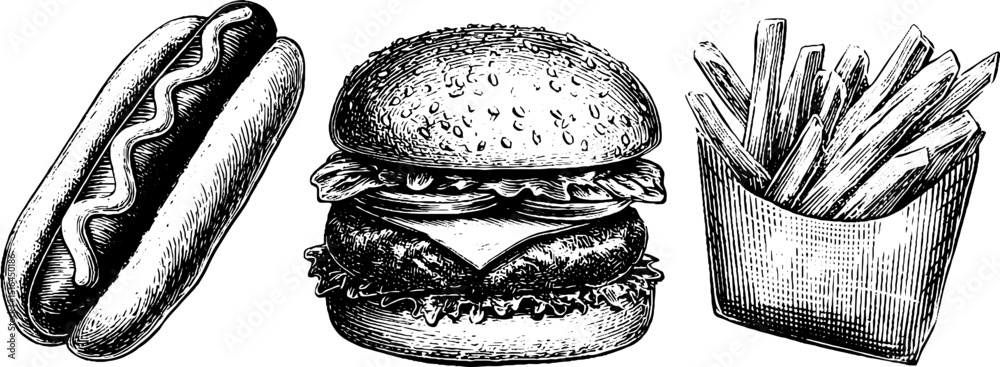 Vintage engraving of classic hotdog, juicy hamburger, and crispy fries set for retro food designs