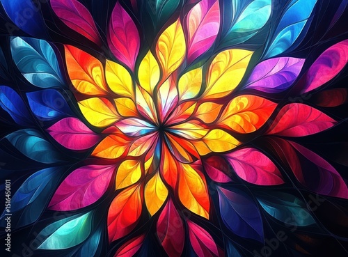 Vibrant stained-glass floral design, radiating color and light from a central point