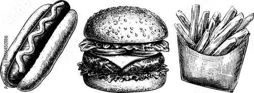 Vintage engraving of classic hotdog, juicy hamburger, and crispy fries set for retro food designs