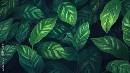 Lush digital illustration of overlapping, patterned green leaves