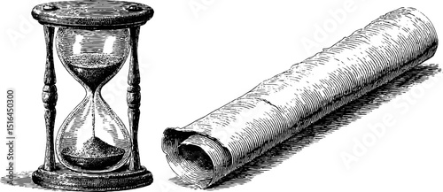 Engraved antique hourglass and scroll illustration for historical design