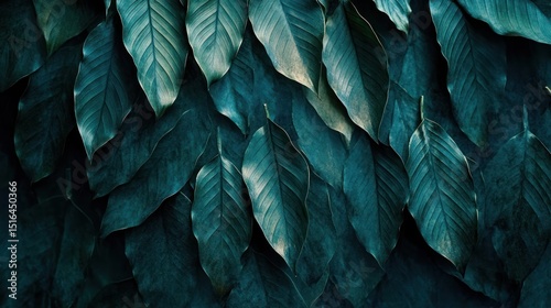 A detailed, textured, dark blue-green image showing overlapping, patterned plant leaves