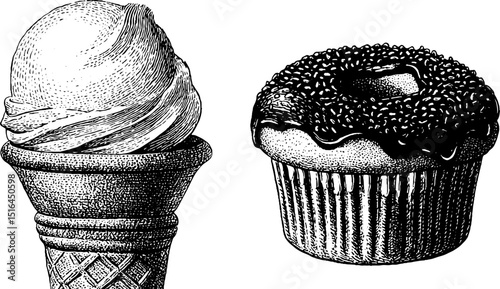 Vintage engraved ice cream cone and cupcake pair for dessert lovers