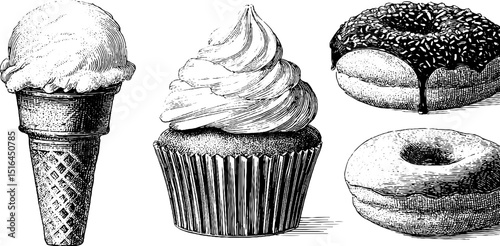 Vintage dessert collection engraved ice cream cone cupcake and donuts illustration for design