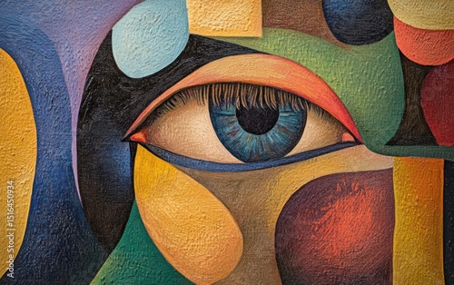 A close-up of a painted eye within abstract, geometric shapes and textures